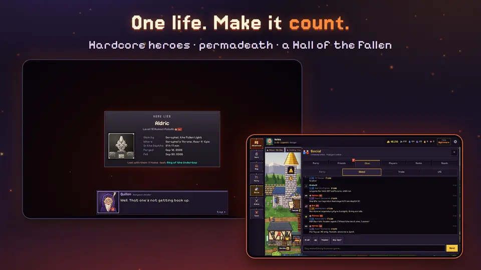 Hardcore heroes: a funeral stone in the Hall of the Fallen, and hardcore players' ember-red names in chat