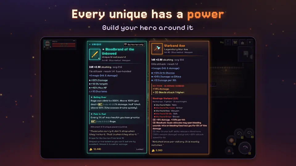 Unique and legendary item cards with their powers