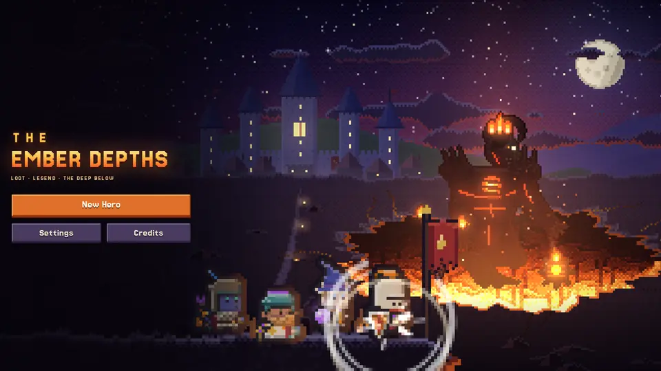 The Ember Depths title scene: heroes before the flaming gate of the Deep