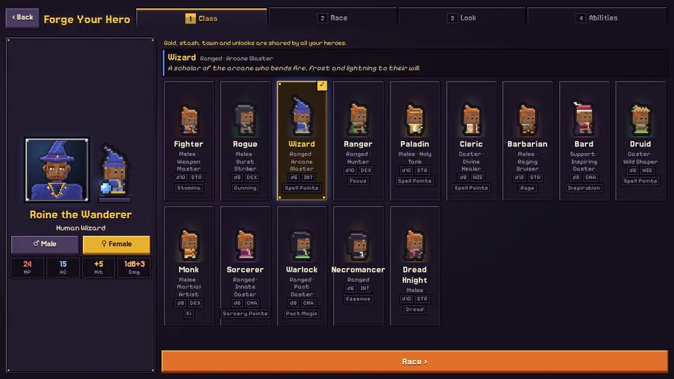 The hero creator with race, class and appearance options