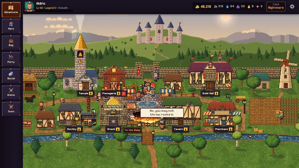 Hearthold, a lively pixel-art town with a temple, tavern, smithy and merchant