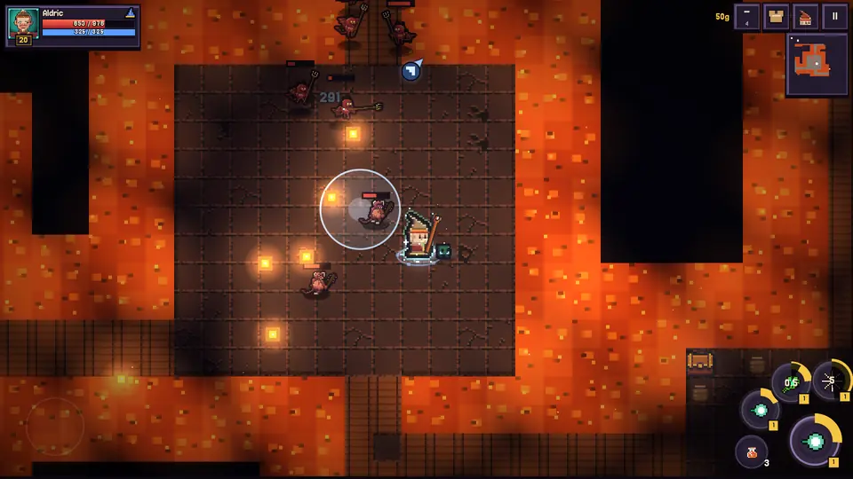 A wizard casting fire into a swarm of imps on a lava floor