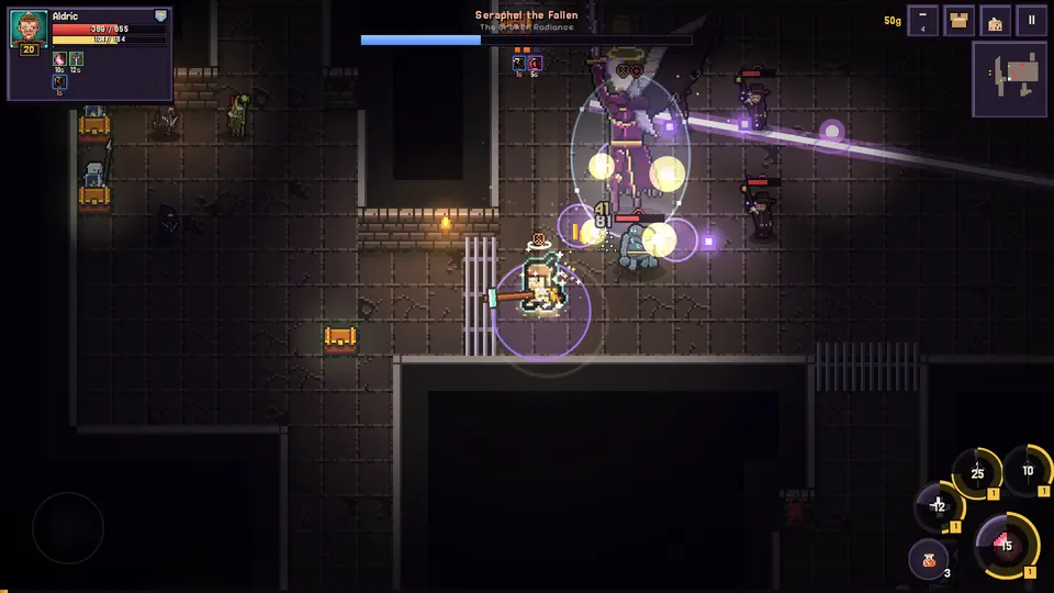 A boss fight lit by violet magic