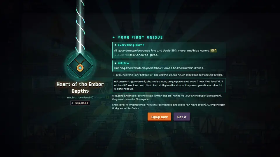 A unique item card showing rolled stats and a special power