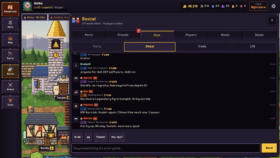 Global chat where hardcore heroes show ember-red names, the skull sigil and the HC chip