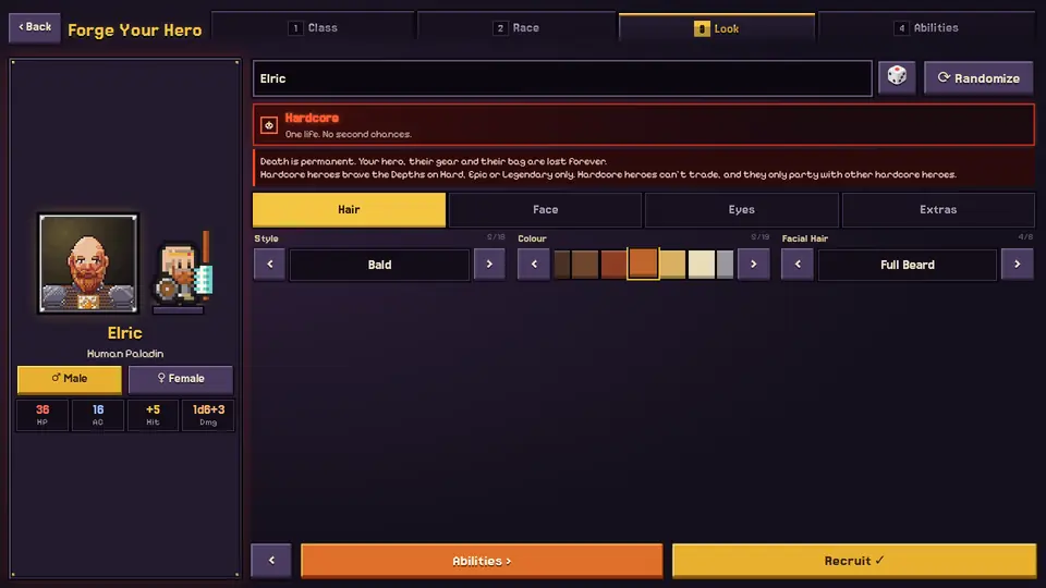 The hero creator with the Hardcore switch turned on and its permadeath warning